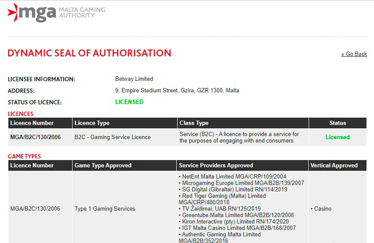 Пример подтверждения лицензии Malta Gaming Authority