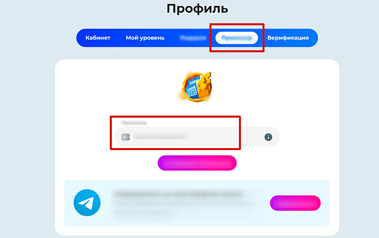 Раздел промокодов в профиле